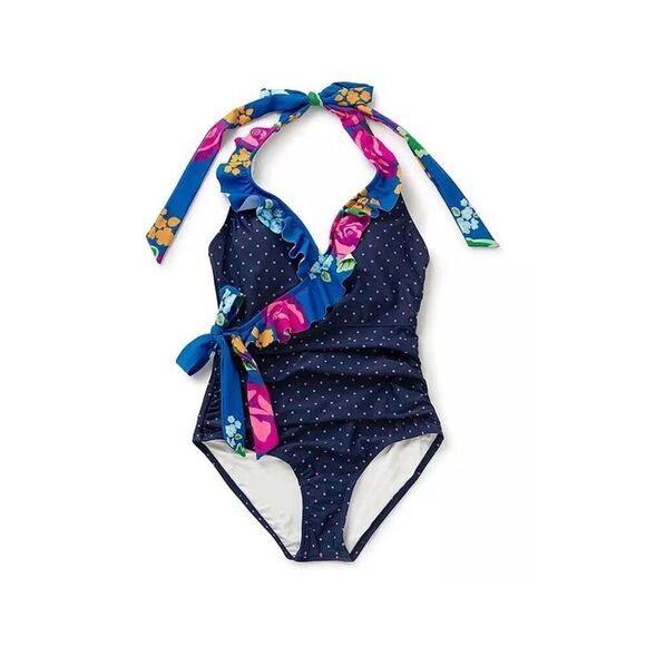 Matilda Jane Navy Sandcastle Queen Halter One-Piece Size M Polka Dot Floral Ruch - Picture 1 of 7